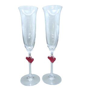 Pair Of Stölzle Lausitz Champagne Flutes With Red Heart Stems
